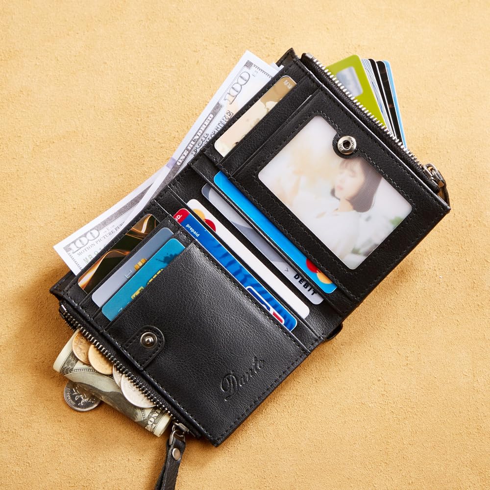 Wallet with Chain for Men Women Genuine Leather RFID Blocking Bi-Fold Wallet with Chain, Zip Coin Pocket, Credit Card Holder, Transparent ID Window for Driver License Biker Punk Hip Hop Style (Black)