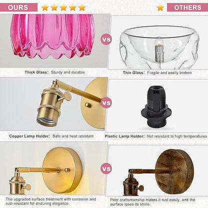 Hardwired Wall Sconce Light, Vintage Wall Sconce with Switch, Gold Wall Light Fixture with Tulip Ruby Red Glass Lampshade, Indoor Wall Light for Bedroom Bathroom, Bedside Wall Lamp