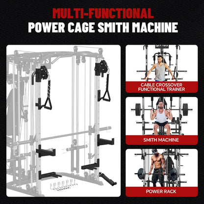 FAGUS H All in One Home Gym System Workout Station, Multi-Function Smithe Machine Power Cage with Cable Crossover, Tripe-Sided Independent Load Posts, Functional Trainer for Full Body Training, Black