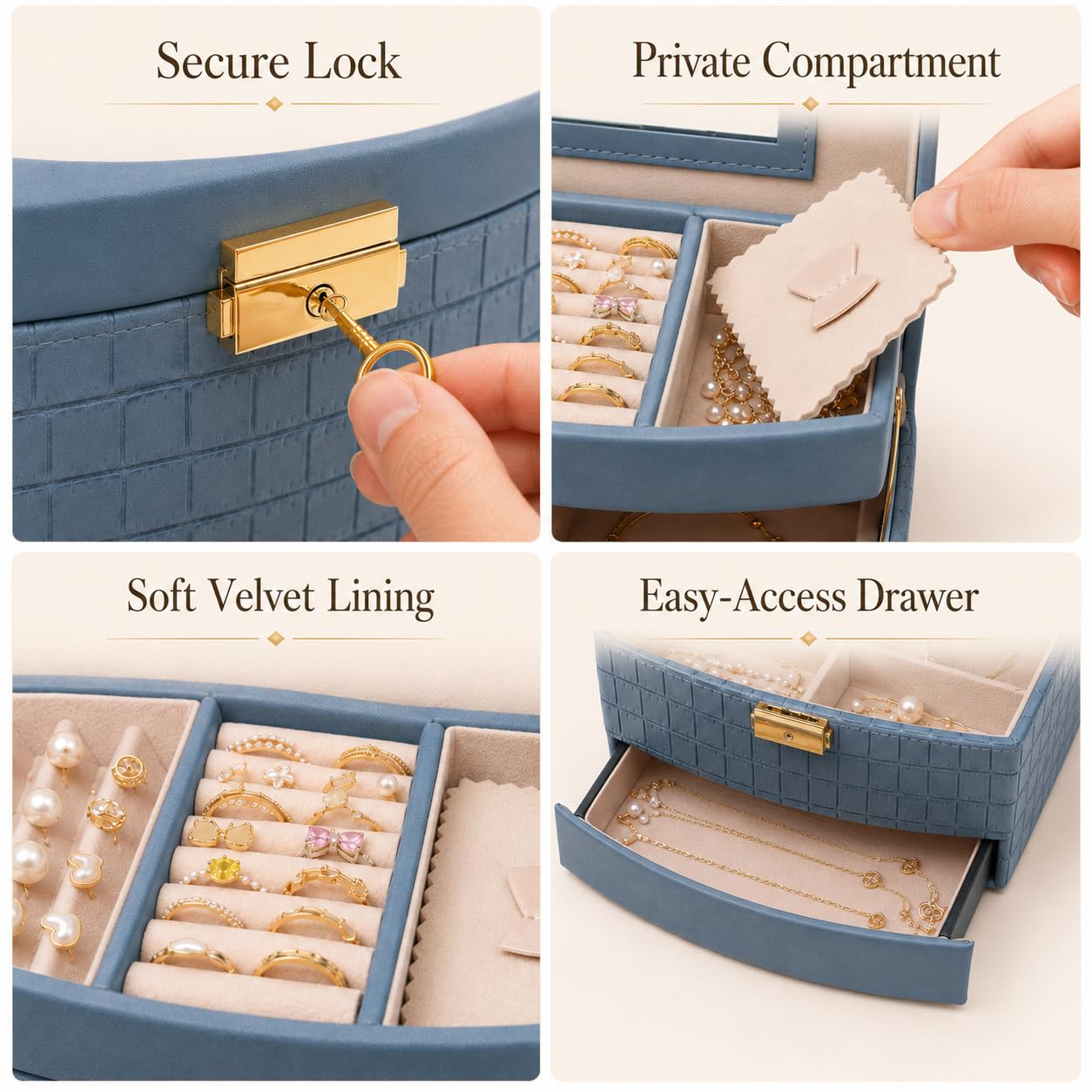 Hmsnyysl Elegant 3 Layer Lockable Jewelry Box for Women – Mirrored Jewelry Organizer with Key & Drawer, Travel Friendly PU Leather Storage Case,Gift for Wife, Mom, Daughter(Blue)