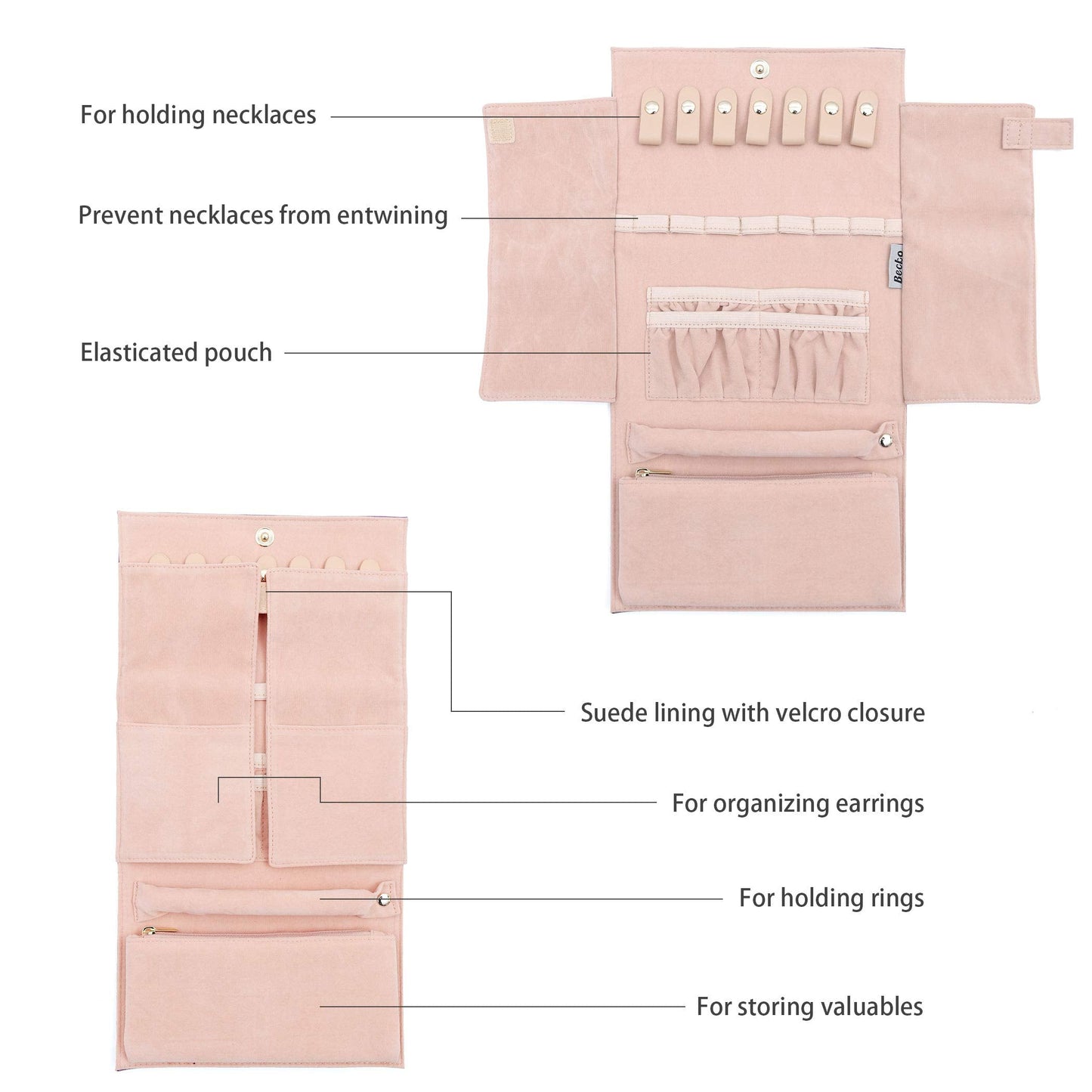Becko US Jewelry Organizer Roll Travel Jewel Bag case for Multiple Necklaces, Rings, Bracelets, Supple Leather & Suede, Large Capacity Without Crease, Lightweight, Portable & Practical (Gray)