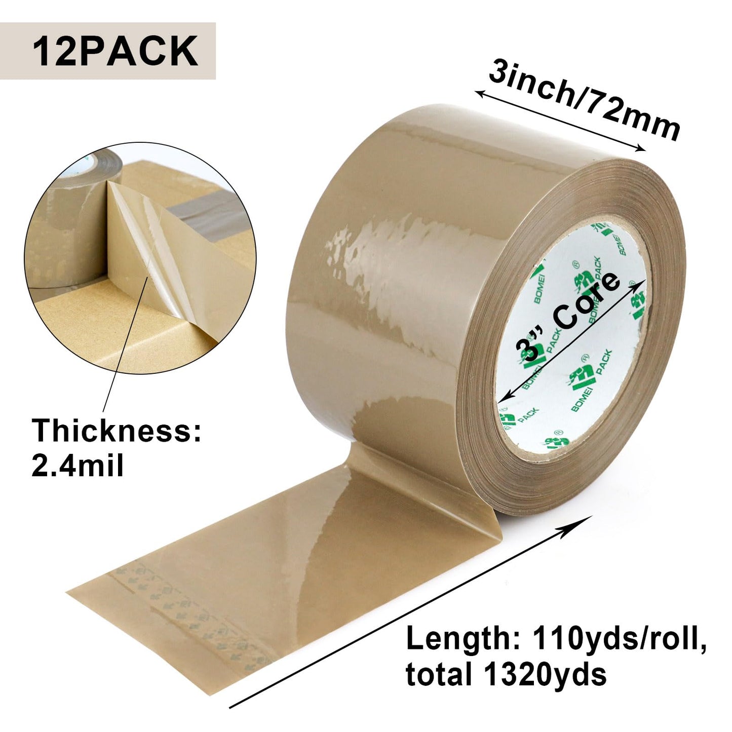 BOMEI PACK 3inch Brown Packing Tape, 12 Refills Rolls Wide Packaging Tape for Moving, Shipping and Storage, 2.4 Mil x 110 Yards