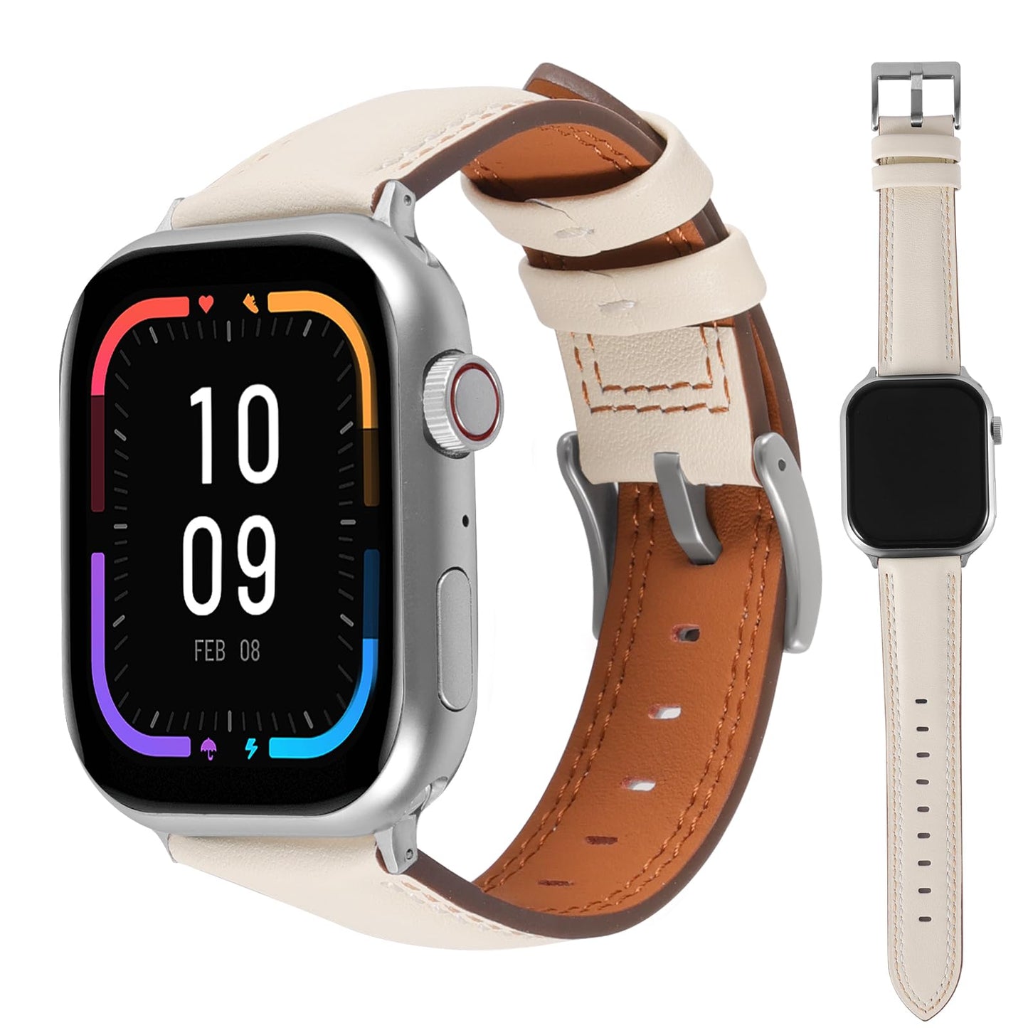 Soft Genuine Leather Band for Apple Watch 49mm 46mm 45mm 44mm 42mm - Women/Men Vintage Retro Replacement Wristband Strap with Metal Buckle for iWatch Ultra 3/2/SE/Series 11/10/9/8/7/6/5/4/3 White