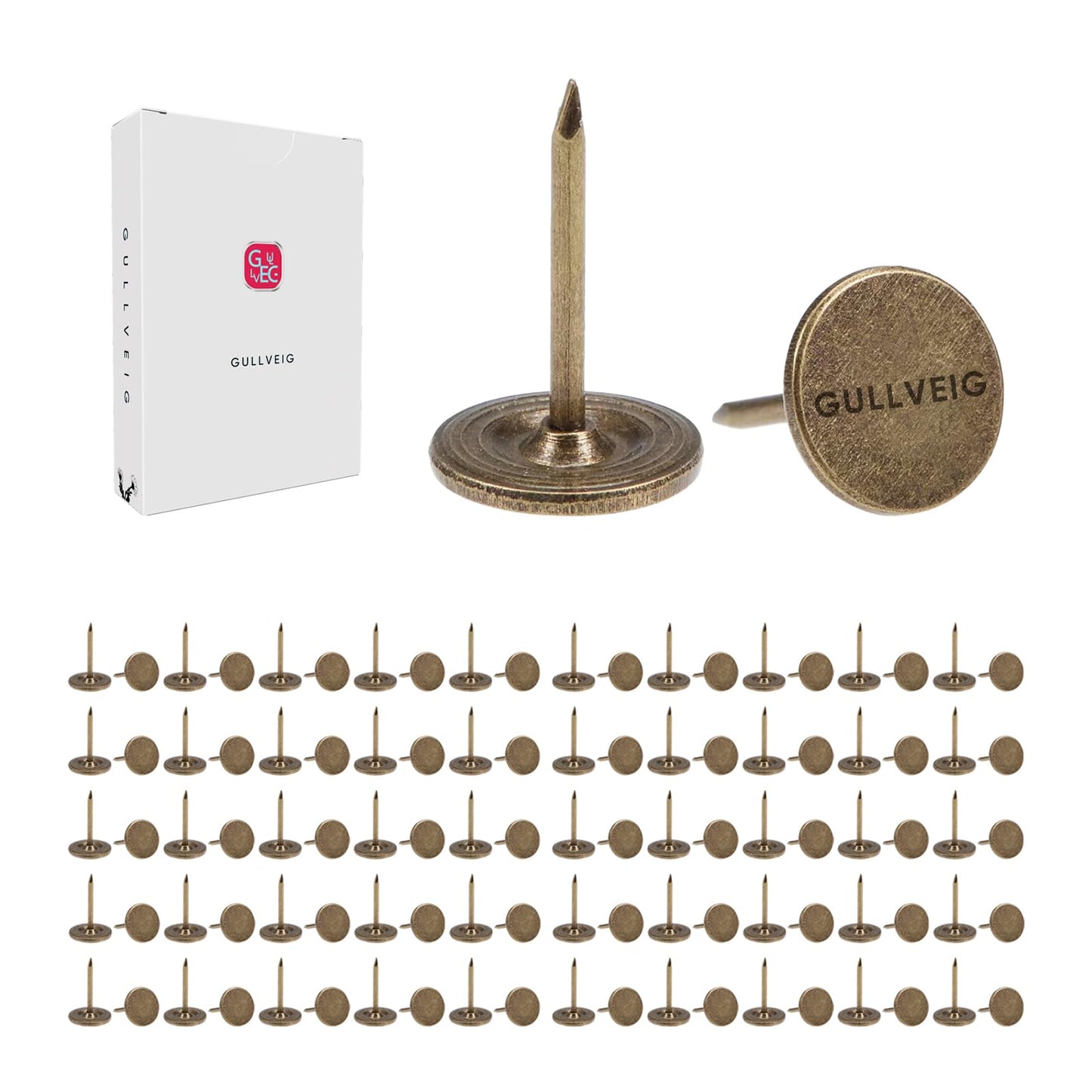 Gullveig Bronze Push Pins - 100 Piece Set in Elegant Metallic Finish - Durable Metal Thumb Tacks, Reusable Paper Box - Perfect for Home, Office, and DIY Projects - Ф11mm x 17mm