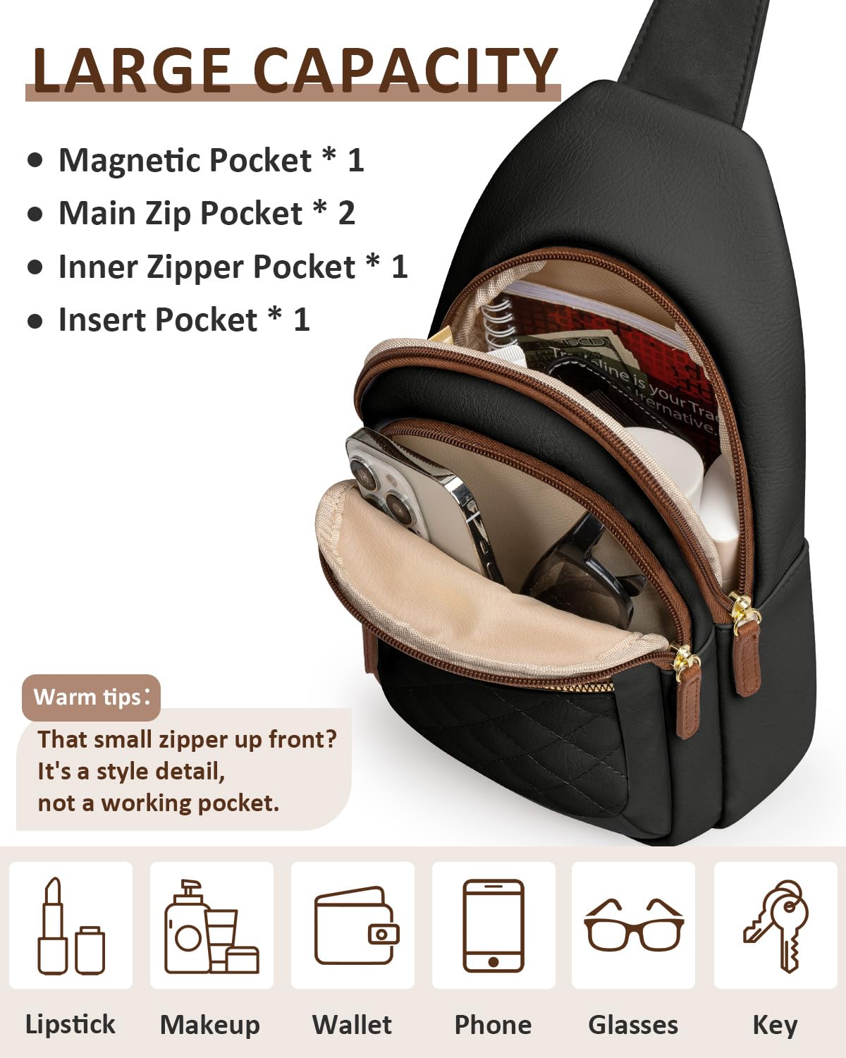 Capolo Crossbody Bag for Women, Adjustable Leather Chest Sling Bag with Multi-Compartment for Daily Use, Travel, Gift, Black With Brown