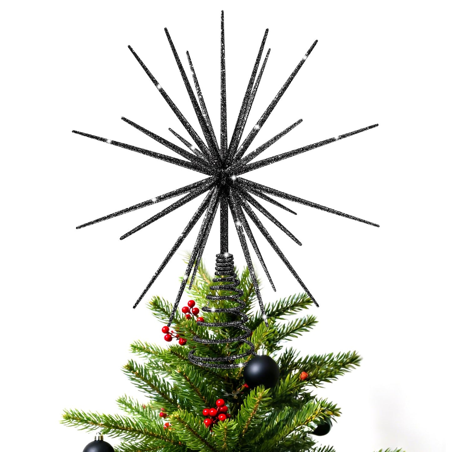 13.7 Inch Black Christmas Tree Topper - 3D Burst Black Tree Topper, Exploding Star Christmas Tree New Year Holiday Tree Decoration