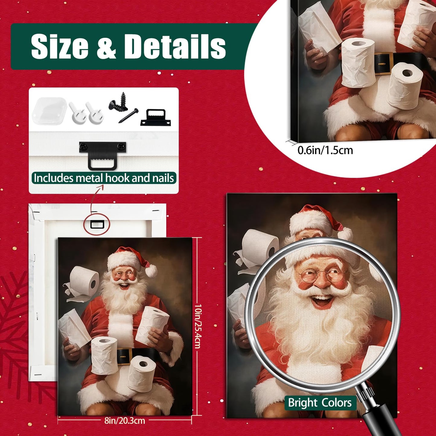 Funny Santa Christmas Canvas Wall Art for Bathroom, Humorous Framed Canvas Prints Ready to Hang, Unique Christmas Gifts for Home & Office Christmas Decorations