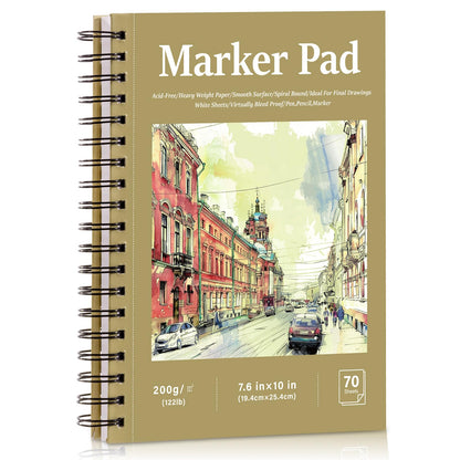 70 Sheets Hardcover Marker Paper Pad, 7.6x10in Alcohol Marker Paper Sketch Pad, 122lb/200gsm Heavyweight Spiral Sketch Book, Painting Coloring Drawing Paper for Beginners Artists Ideal Gift