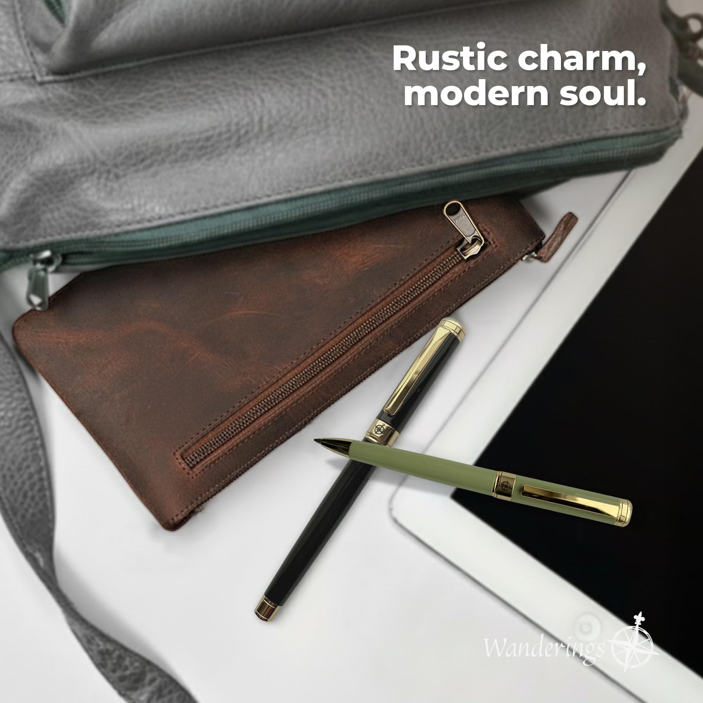 WANDERINGS Genuine Leather Pencil Pouch Case - Large 11" x 6.5" (28 x 16cm) - Hand Crafted Brown Leather Zipper Pouch - Slim Pencil Case Holder for Men and Women