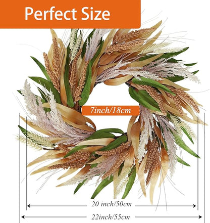 20" Fall Wreaths for Front Door with Green Brown Foliage Grain Ear Wheat and Pampas Grass – Boho Thanksgiving Harvest Wreath, Front Door Porch Decor.