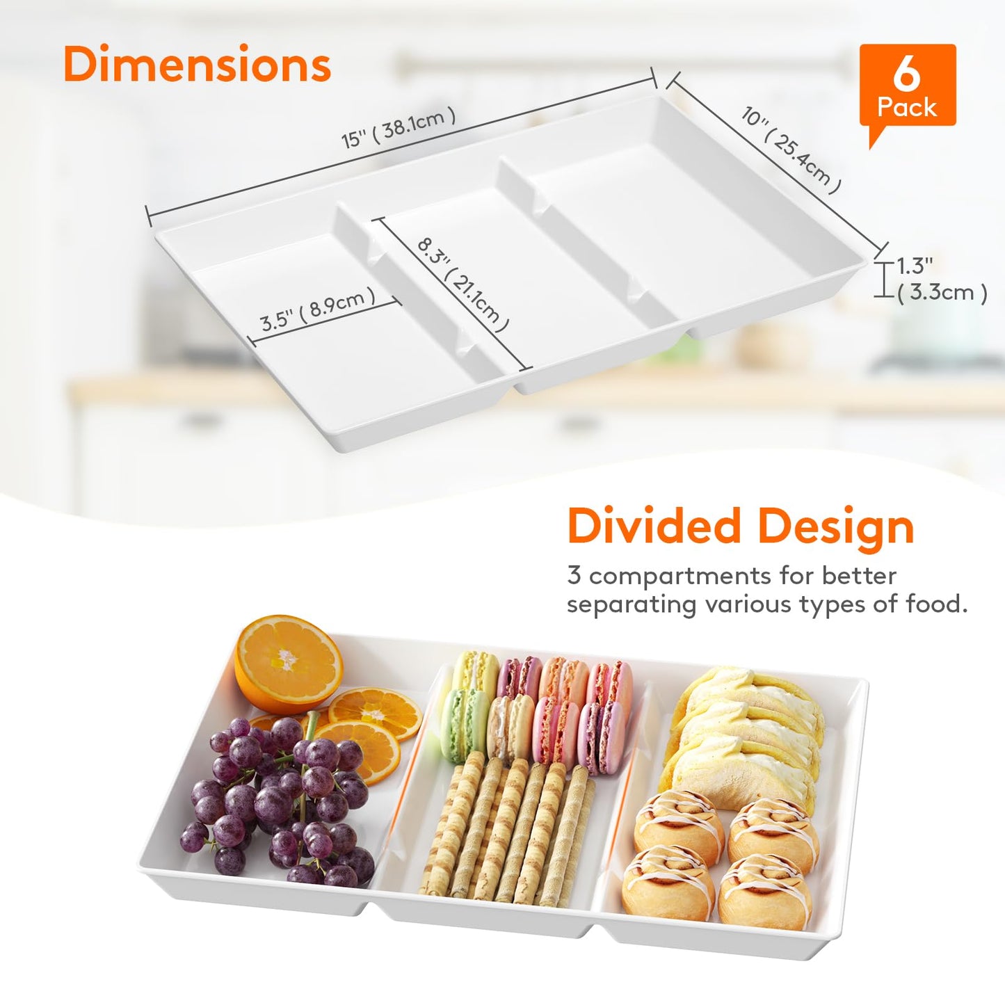 Lifewit Serving Tray Divided for Party Supplies, 6 PCS 15" x 10" Plastic Platters for Serving Food, White Reusable Tray for Veggie, Snack, Fruit, Cookies, Desserts in Kitchen/Pantry