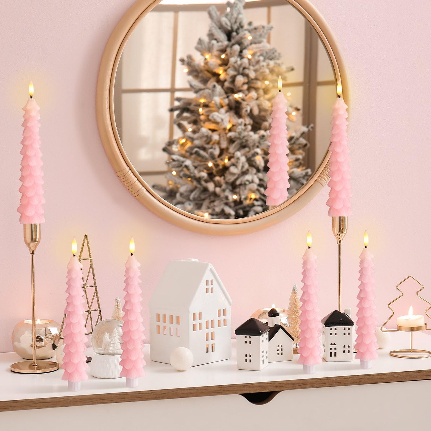 Tujoe 8 Pcs Pink Christmas Tree Flameless Taper Candles with Remote Xmas LED Candlesticks Battery Operated Electric Candlelights 3D Flickering Flame for Holiday Winter Party Table Centerpiece Decor