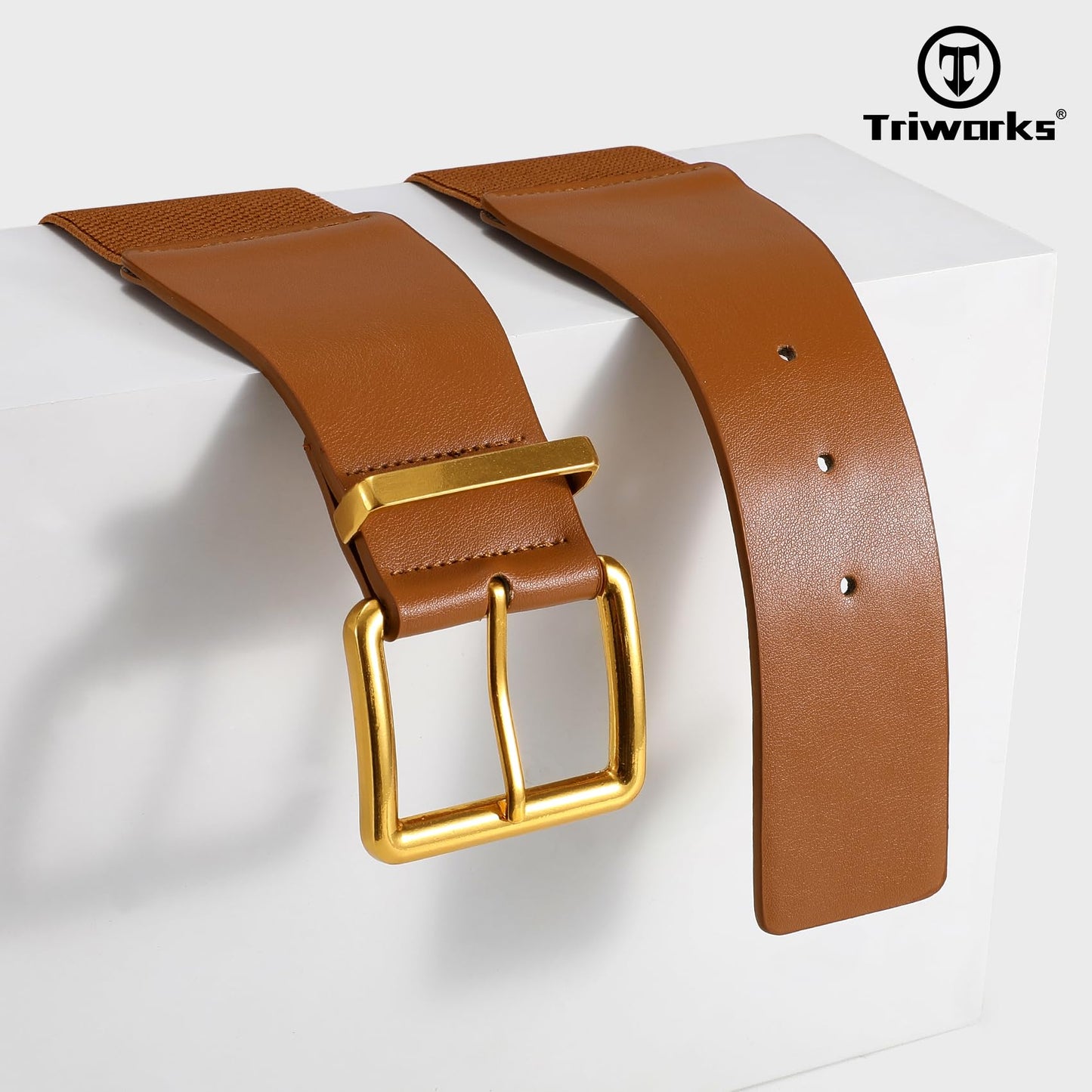 TRIWORKS Women Wide Elastic Belt for Dresses Vintage Stretchy Waist Belt with Gold Chunky Buckle,Brown