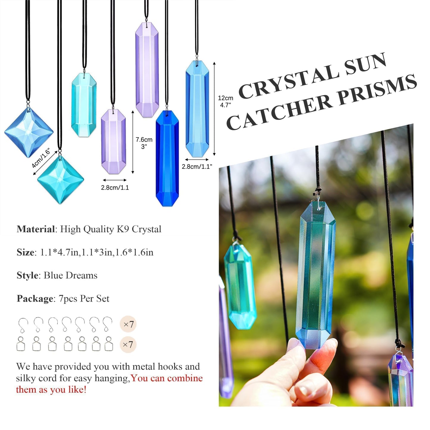 HDCRYSTALGIFTS Crystal Prisms Suncatchers for Window Hanging, 7PCS Blue Dreams Suncatcher Gift for Mom Women Rainbow Maker Sun Catcher Indoor Window Home Garden Christmas Tree Decor