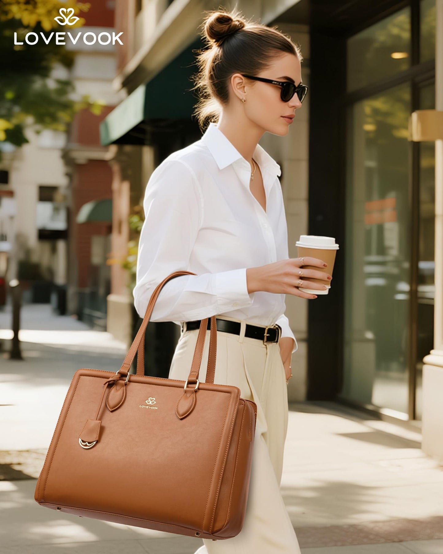 LOVEVOOK Laptop Tote Bag for Women,17.3 Inch Waterproof PU Leather Work Bag, Professional Computer Bags Business Office Work Briefcase Handbag Purse Shoulder, Office Gifts for Women, Brown