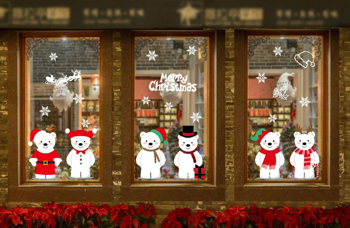 Yusongirl Christmas 6 Cute Bears Windows Stickers Decoration Snowflakes Bear Double Sided Electrostatic PVC Sticker Glass Door Fridge Showcase Window Clings Winter Holiday New Year Decals