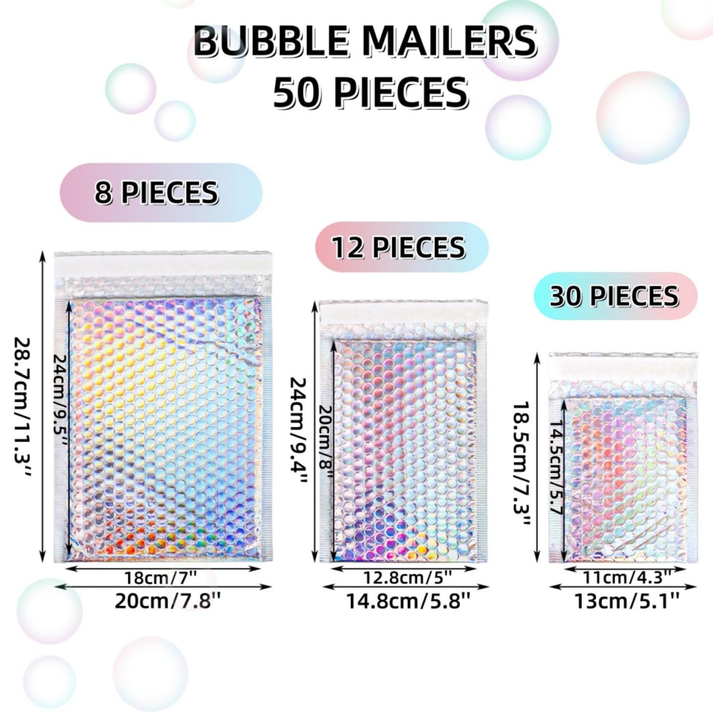 ZAVOOS 50 Pieces Metallic Bubble Mailers, Self-Seal Poly Padded Envelopes, Waterproof Holographic Bubble Shipping Envelopes for Mailing, Packing, Small Business, Christmas Gifting