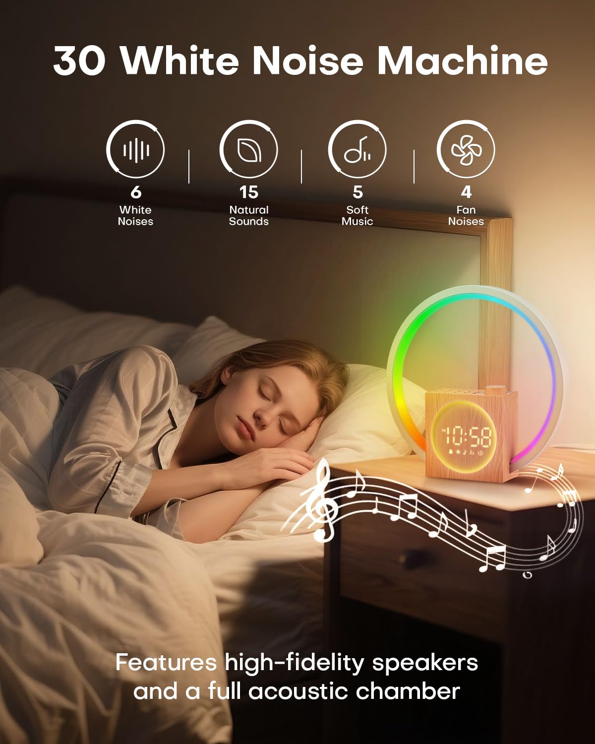 Sunrise Alarm Clock, White Noise Sound Machine, Alarm Clocks for Bedrooms with 12 Color Ambient Nightlight, White Noise Machine with 30 Soothing Sounds, Gifts for Adults, Kids, Couples and Friends