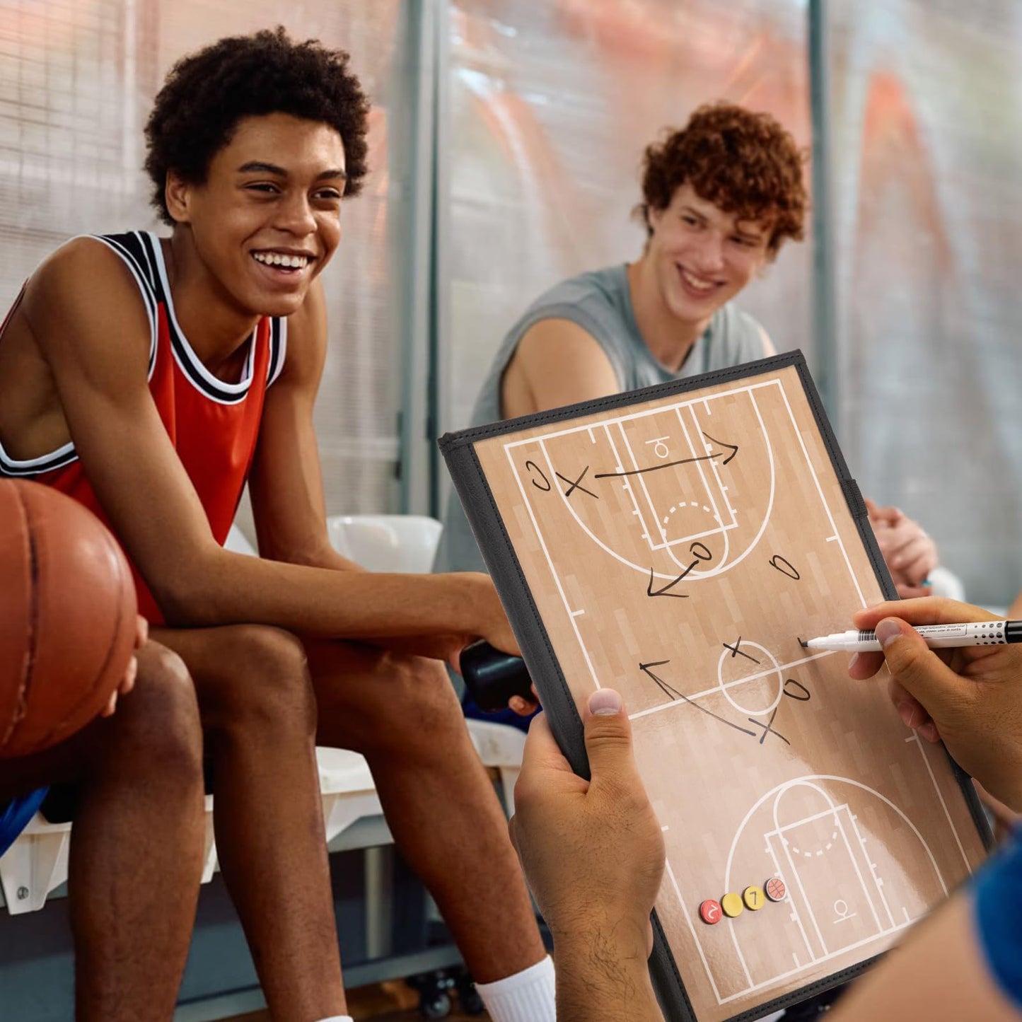 WISYOK Leather Covered Magnetic Basketball Lineup Board, Foldable and Portable Clipboard for Coaches with 48 Cards, 2 Markers, 4 Hooks and 1 Organizer Bag