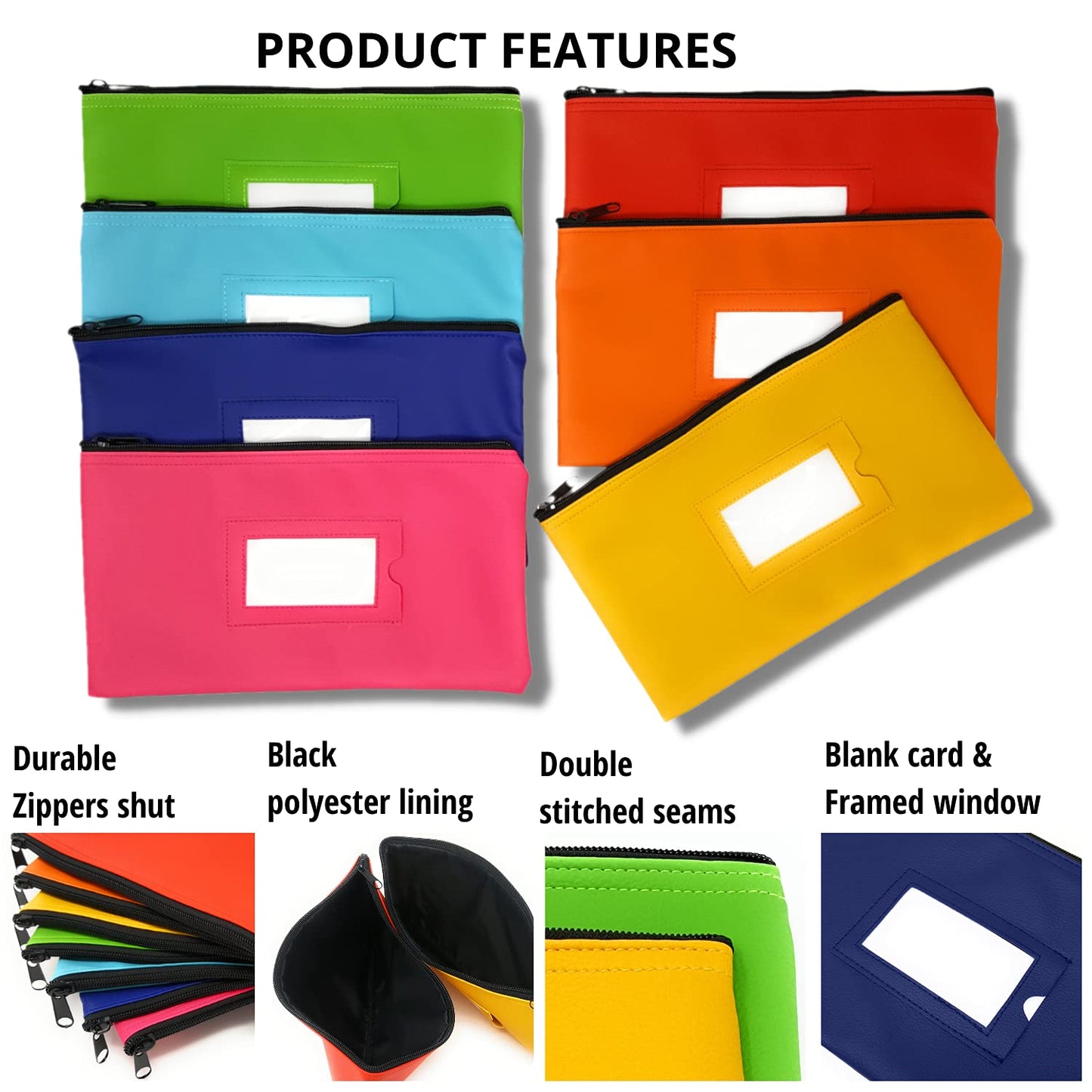 Money Bank Deposit Bag with zipper | 11x6 inch | 7 Days 7 Pieces 7 Colors | Durable Leatherette Money Cash Coin Check Wallet Pouch for Men & Women with Framed ID Window and 7 Blank Card | by GIDABRAND