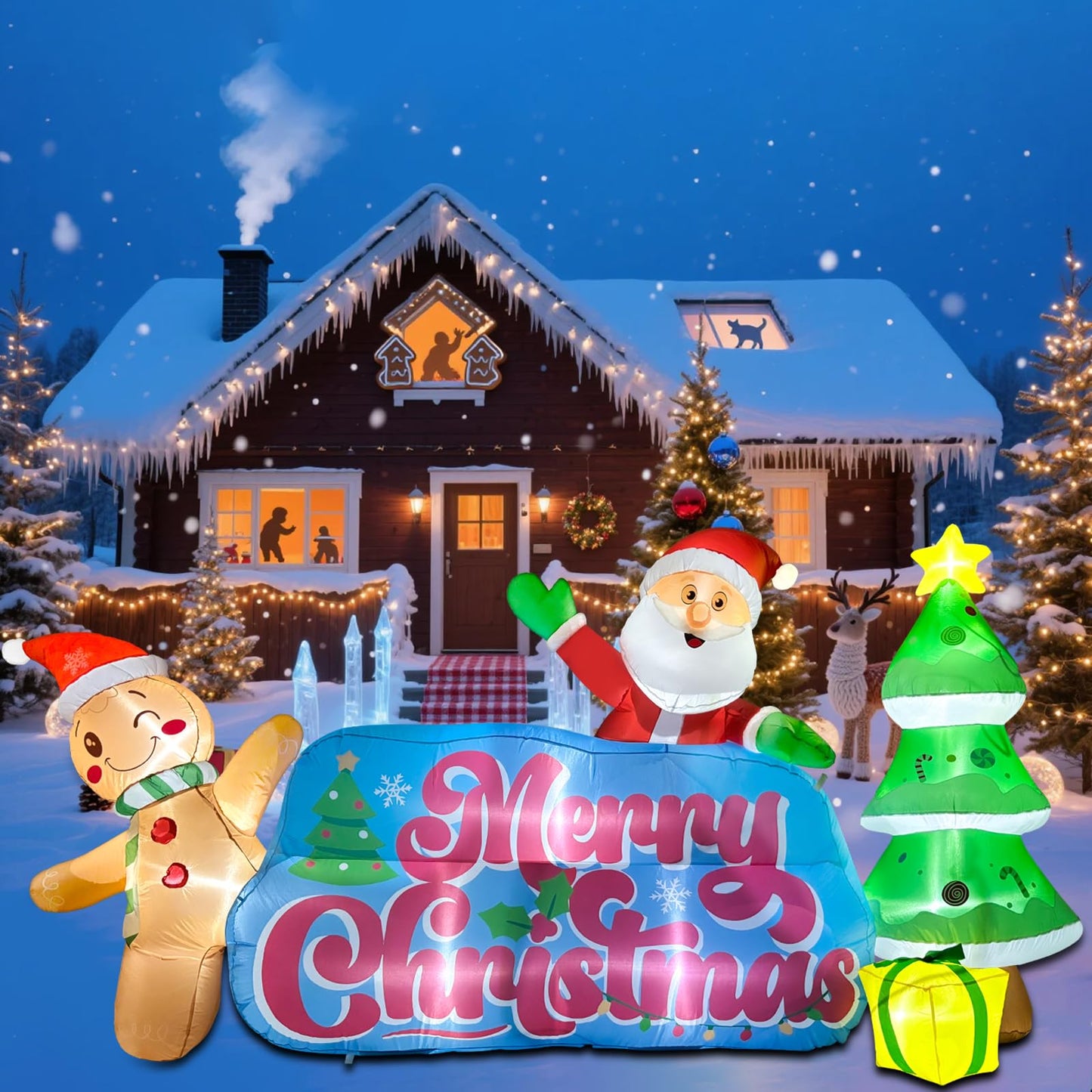 OILCUP 9.2 FT Inflatables Merry Christmas Banner with Santa, Gingerbread Man & Christmas Tree, Blow Ups Outdoor Inflatables Sign with Build-in LEDs for Lawn Yard Winter Holiday Xmas Party Decor