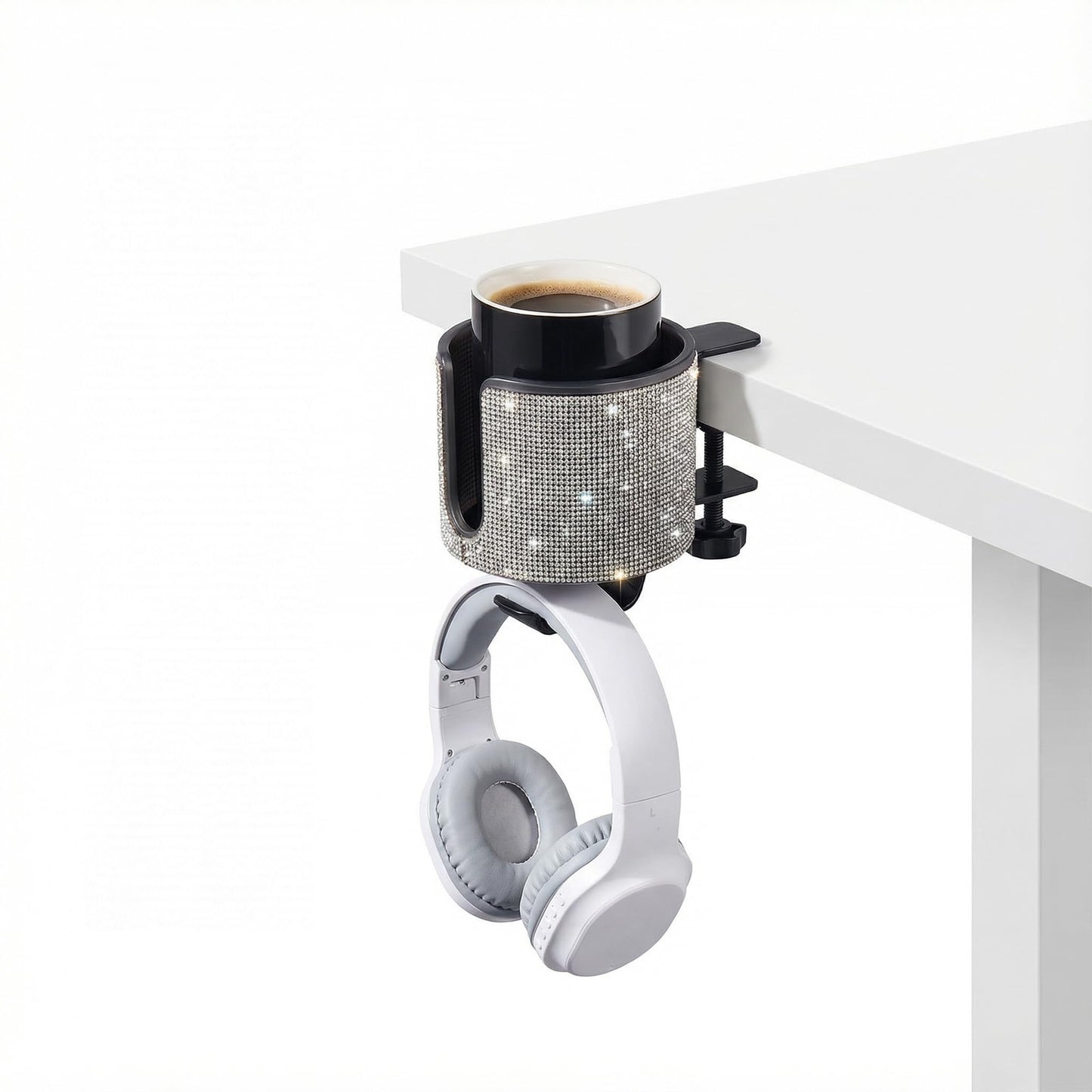 cowinational Luxury 2-in-1 Desk Cup Holder with Headphone Hanger for Office, Home, Gaming(Bling Bling)