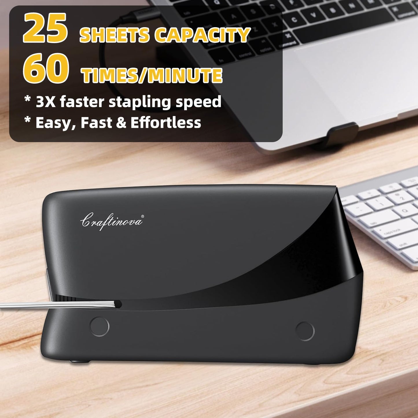 Craftinova Electric Stapler, 25 Sheet Automatic Stapler, Include 2000 Staples and 1 Staple Remover, Jam Free, Professional and Home Office，Battery not Included，AC or Battery Powered