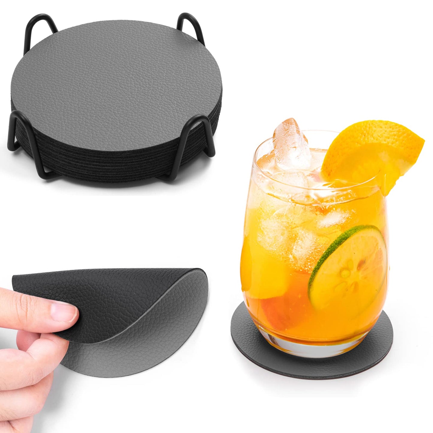 Chitomars Faux Leather Coasters Set of 12, Dual Sided Non-Slip Washable Cup Coasters for Coffee Tabletop Protection (Gray Black)