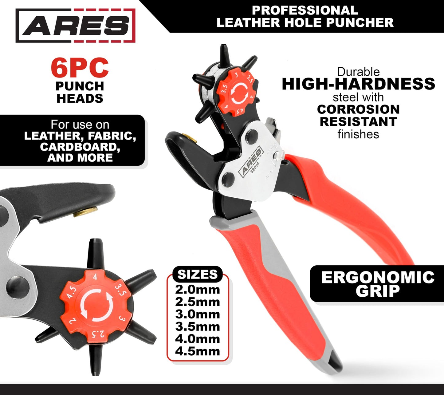 ARES 32016 – Professional Hole Puncher – Heavy Duty Leather Punch Plier Tool for Belts, Watch Bands, Saddles, Shoes, and More – Heavy Duty Rotary Punch Tool for DIY Home Craft
