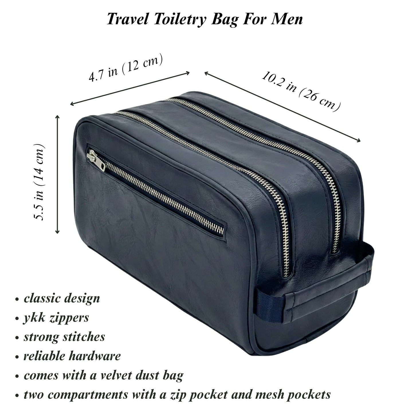 Toiletry Bag For Men, Premium PU Leather Dopp with Metal Zippers & Bottom Studs, Waterproof Grooming Kit for Men, Mens Birthday Gift, Includes Velvet Dust Bag & Shape-Retention Stuffing / NAVY BLUE