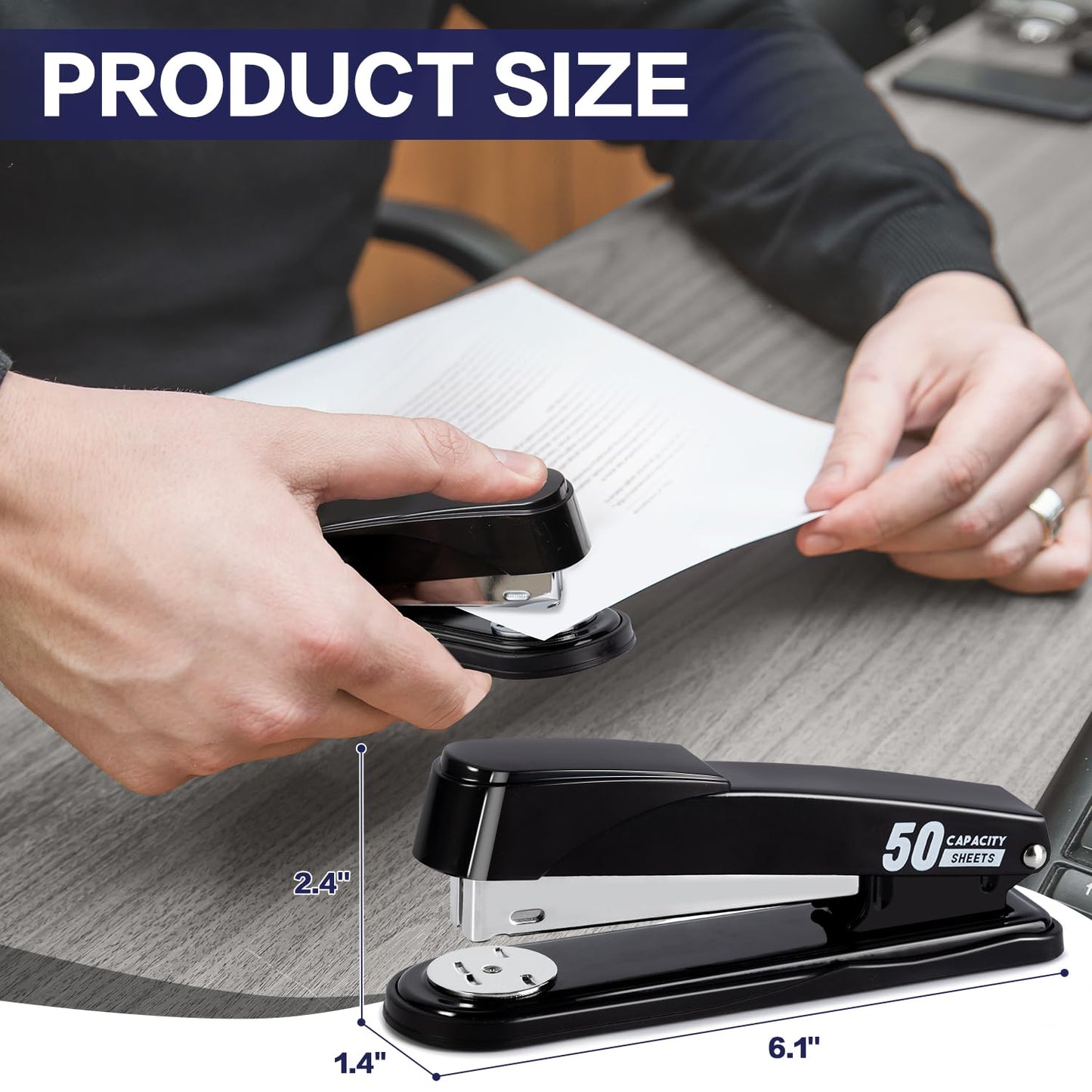 Deli Stapler Heavy Duty, Full Strip Staplers for Desk with 2000 Staples and Staple Remover, 50 Sheet Capacity, No Jam, Non-Slip Office Stapler with Staples for Office, Classroom, Black