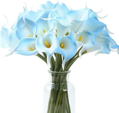 SITUMEIZI 24 PCS Light Blue Fake Flowers Artificial Calla Lily Silk Flowers Real Touch for Mother's Day Easter Home Kitchen Decor Wedding Bouquet Office Spring Decoration