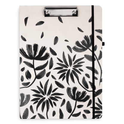 Steel Mill & Co Cute Clipboard Folio with Refillable Lined Notepad and Interior Storage Pocket, Padfolio for Work/Nursing/Teachers, Hand Drawn Black Floral