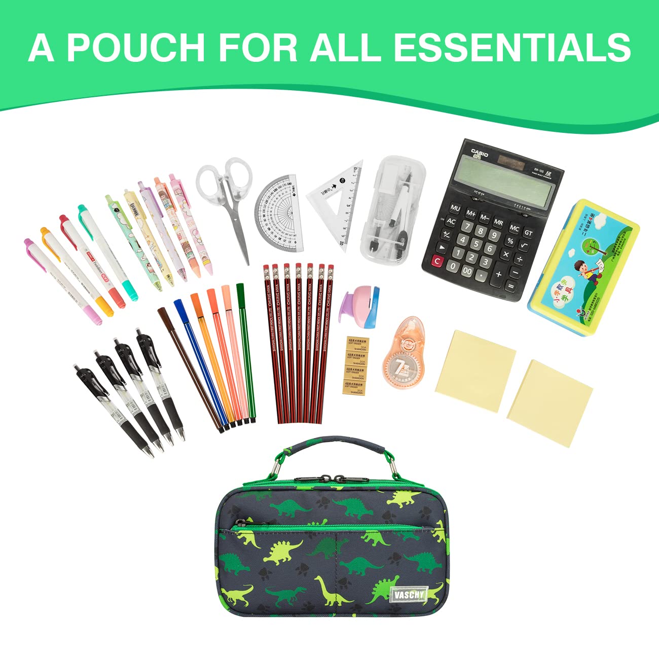 VASCHY Pencil Case for Boys, Aesthetic Kawaii Large Pencil Pouch Stationary Pencil Bag/Box for Preppy Kids, Pen Organizer Holder School Supply Black Dinos