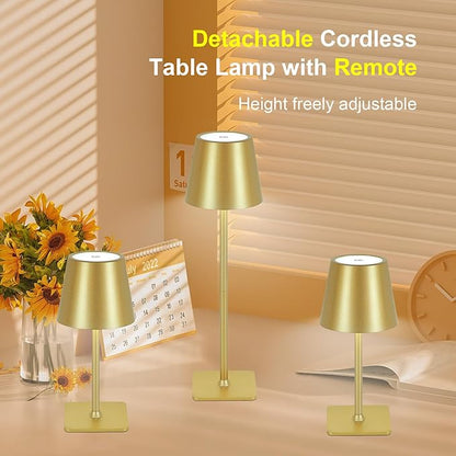 Rechargeable Cordless Table Lamp with Remote 2 Pack, 5200mAh Battery Operated Desk Lamp with Timer, 3-Color Stepless Dimming Wireless Desk Lamp, Portable Table Lamp for Bedroom Restaurant (Gold)
