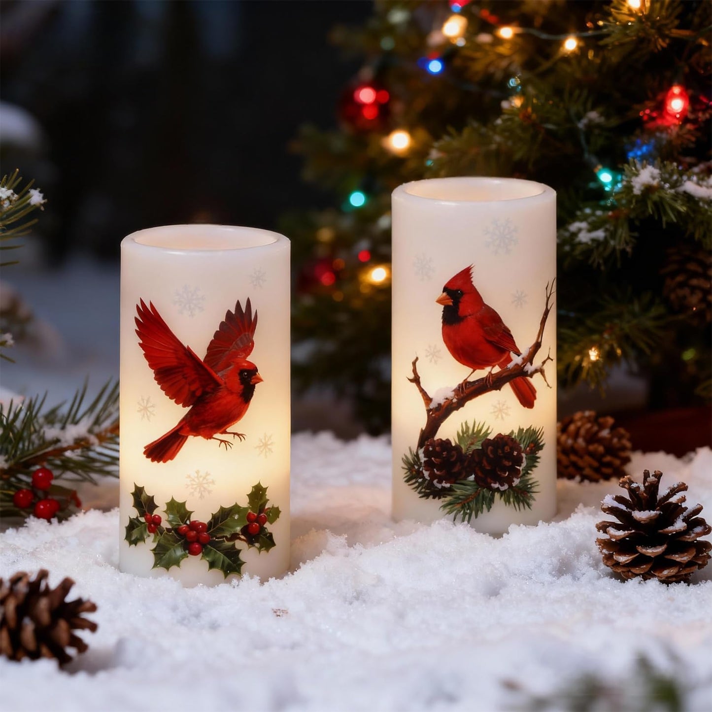 Eldnacele Christmas Cardinal Flameless Candles Battery Operated with Remote and Timer Real Wax Flickering LED Pillar Candles Winter Holiday Indoor Decor(2 Pack, 3" D x 6" H)