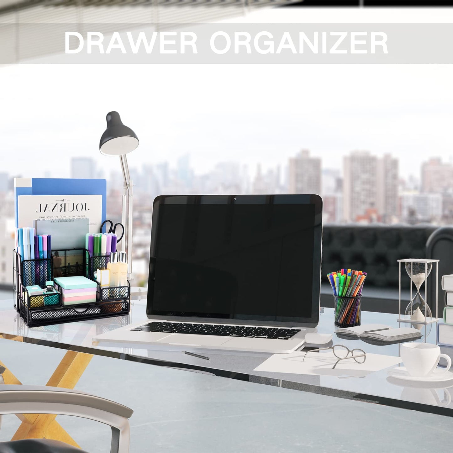 BCCICE Desk Organizers Caddy and Accessories with 7 Compartments + Pen Holder / 72 Clips Set, Drawer, Black Mesh Office Supplies Desktop Organizer for Home, Office Ect