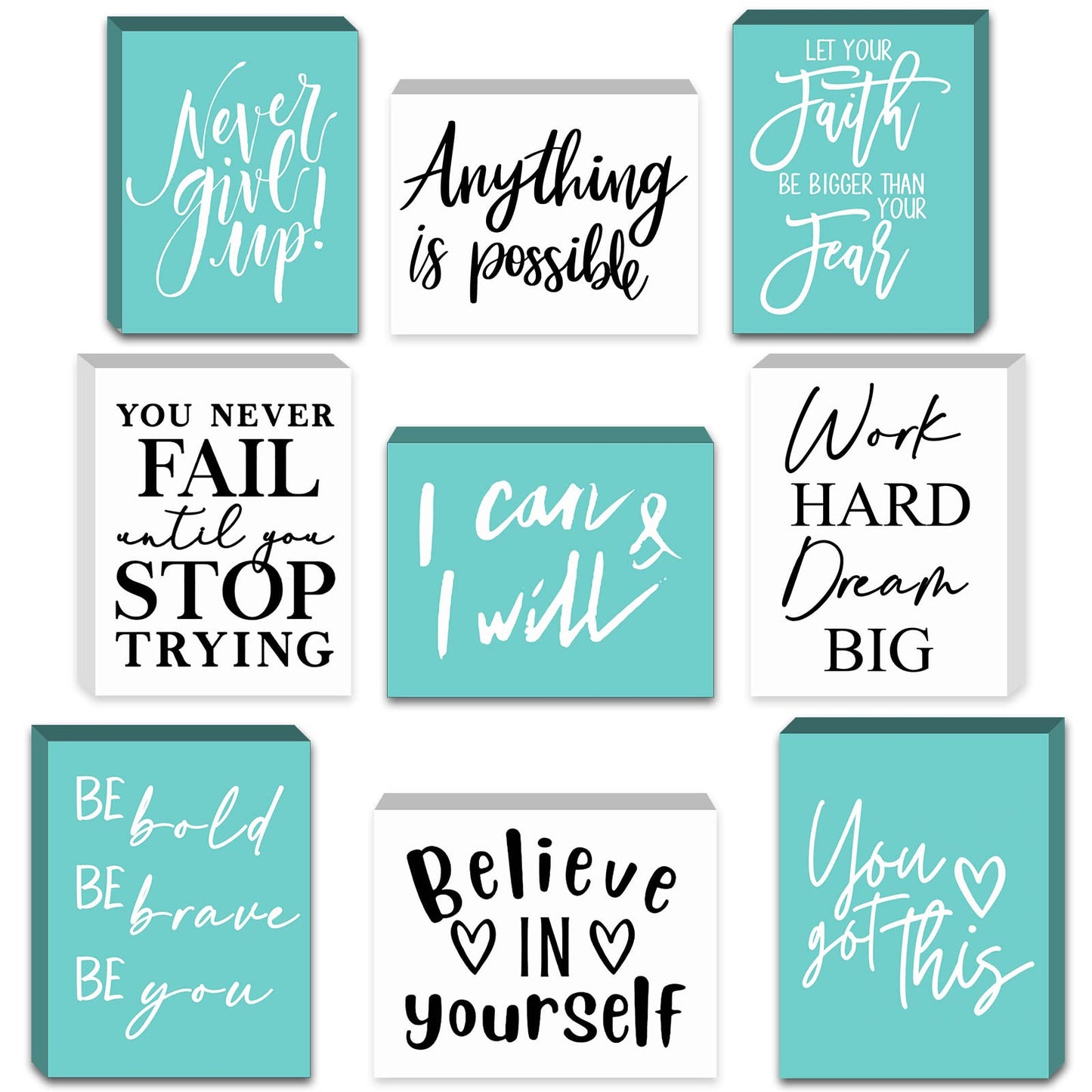 Yulejo 9 Pieces Mini Inspirational Desk Decor Motivational Quotes Wooden Signs Positive Office Desk Decor Bathroom Shelf Decoration Cheer up Gifts for Women Office, 3.5 x 2.5 Inch (White, Green)