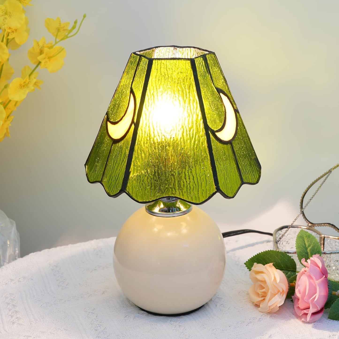 KIPHEPI Tiffany Style Bedside Table Lamp Stained Glass Moon Mushroom Lamp for Bedroom Small Nightstand Lamps for Home Decor Living Room Bedroom Study Nursery Dorm,Green