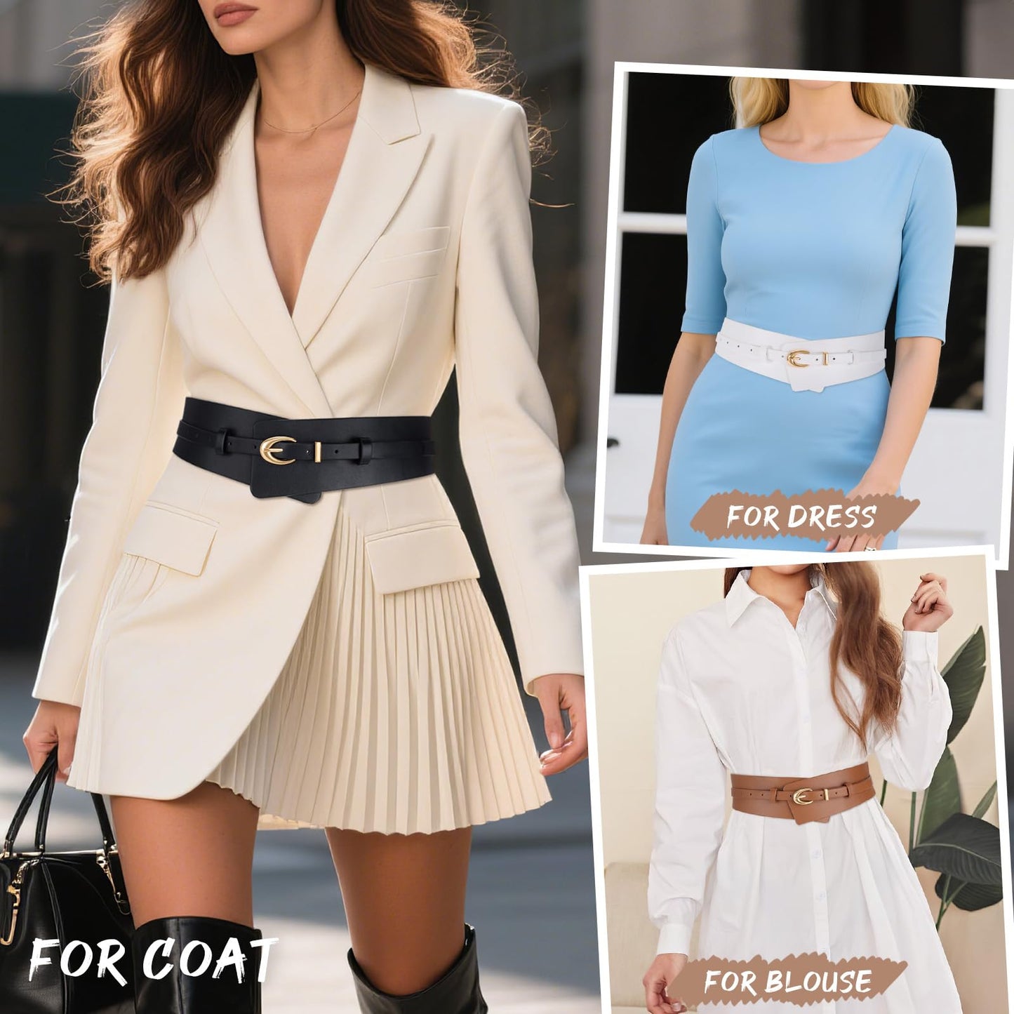 WHIPPY Women Wide Leather Belt Fashion Ladies Dress Belt 2-in-1 Waistband with Skinny Belt for Dress Suits, Black, M