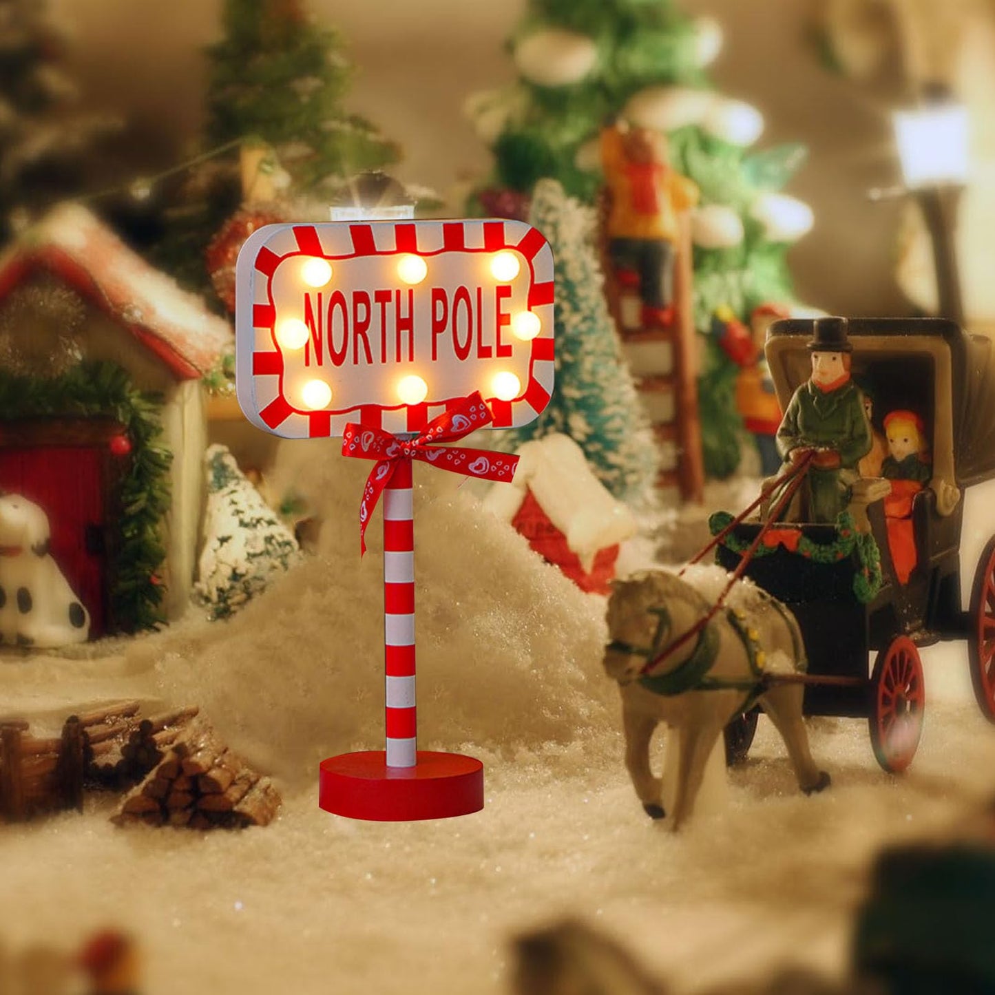 NOENNULL Xmas LED Street Lamp Wooden North Pole Sign Battery Operated Tabletop Night Light Xmas Tree Night Light Tabletop Decorations for Home Office Holiday Party Decoration