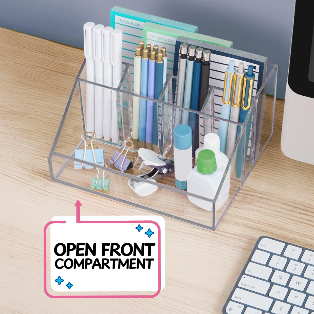 STORi Chloe Clear Plastic Stackable Desk Organizer, Rectangular 6-Compartment Office Supply Holder for Pens, Markers & Notepads, Made in USA
