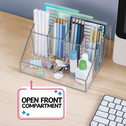 STORi Chloe Clear Plastic Stackable Desk Organizer, Rectangular 6-Compartment Office Supply Holder for Pens, Markers & Notepads, Made in USA