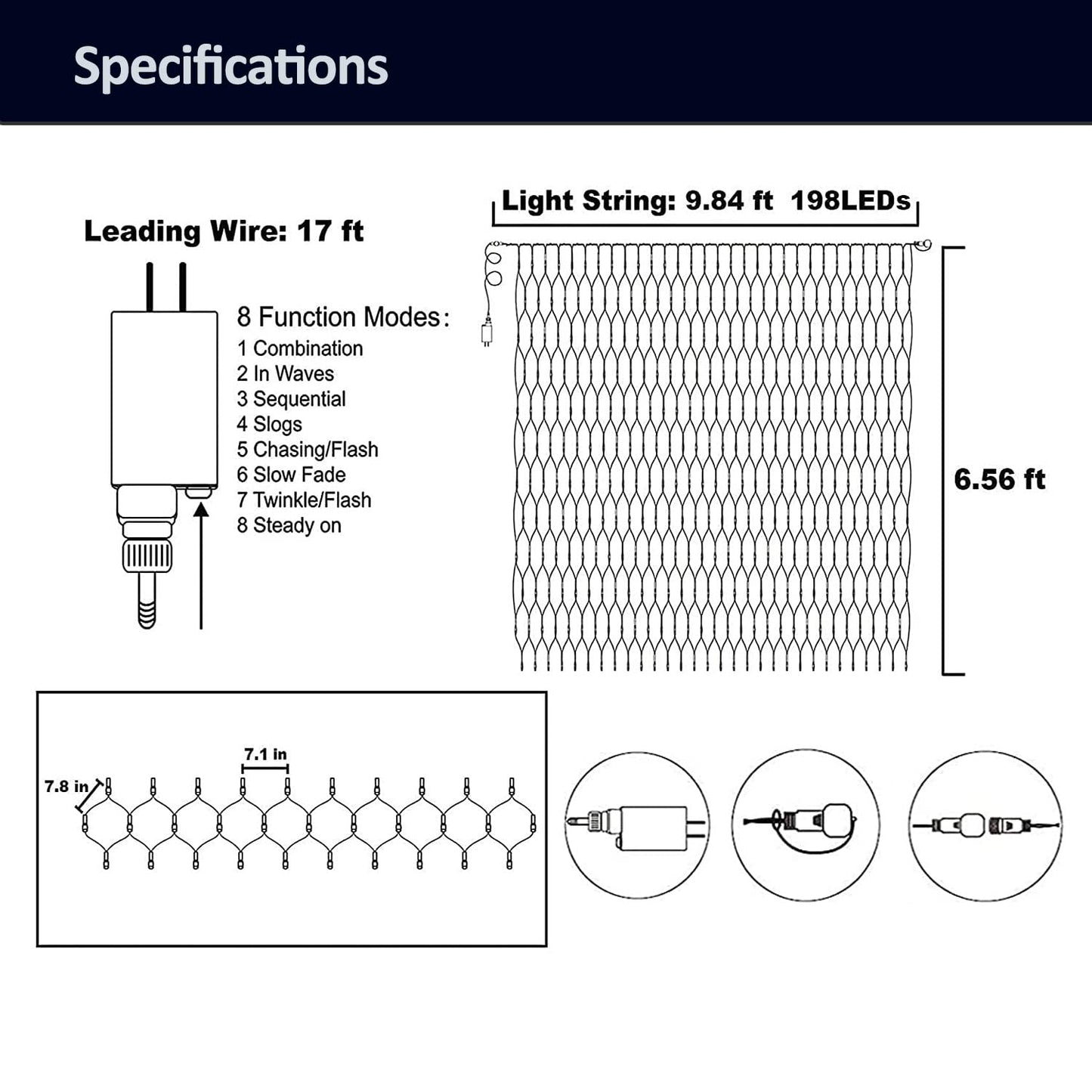 weillsnow 198 LED 9.8ft x 6.6ft Christmas Net Lights, Connectable 8 Lighting Twinkle Modes Mesh Lights for Christmas Outdoor Patio Garden Bush Fence Decorations (Warm White)