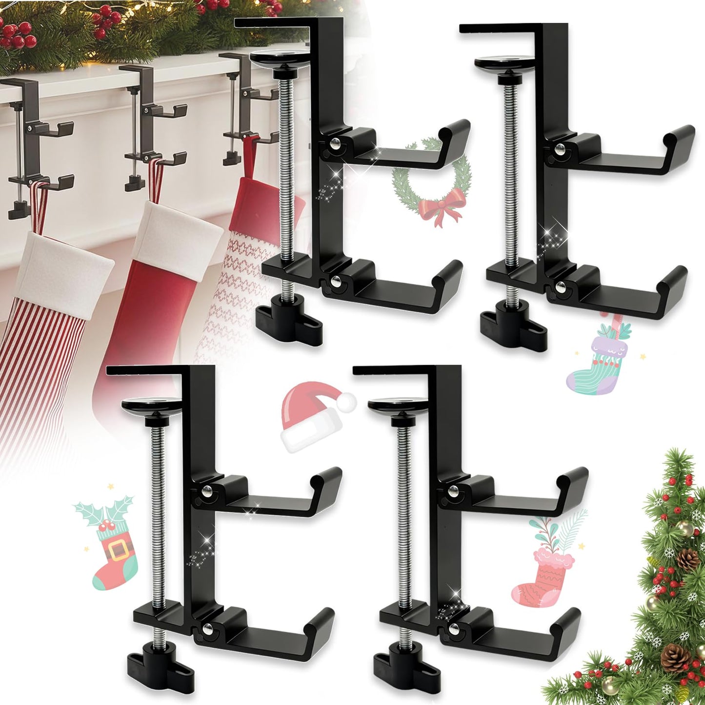 TGLIFEVER Christmas Garland and Stocking Hangers for Mantle, Adjustable 2 in 1 Mantel Stocking Holders with Foldable Double Hooks, Heavy Duty No Drill Fireplace Garland Hooks for Xmas Home Decoration