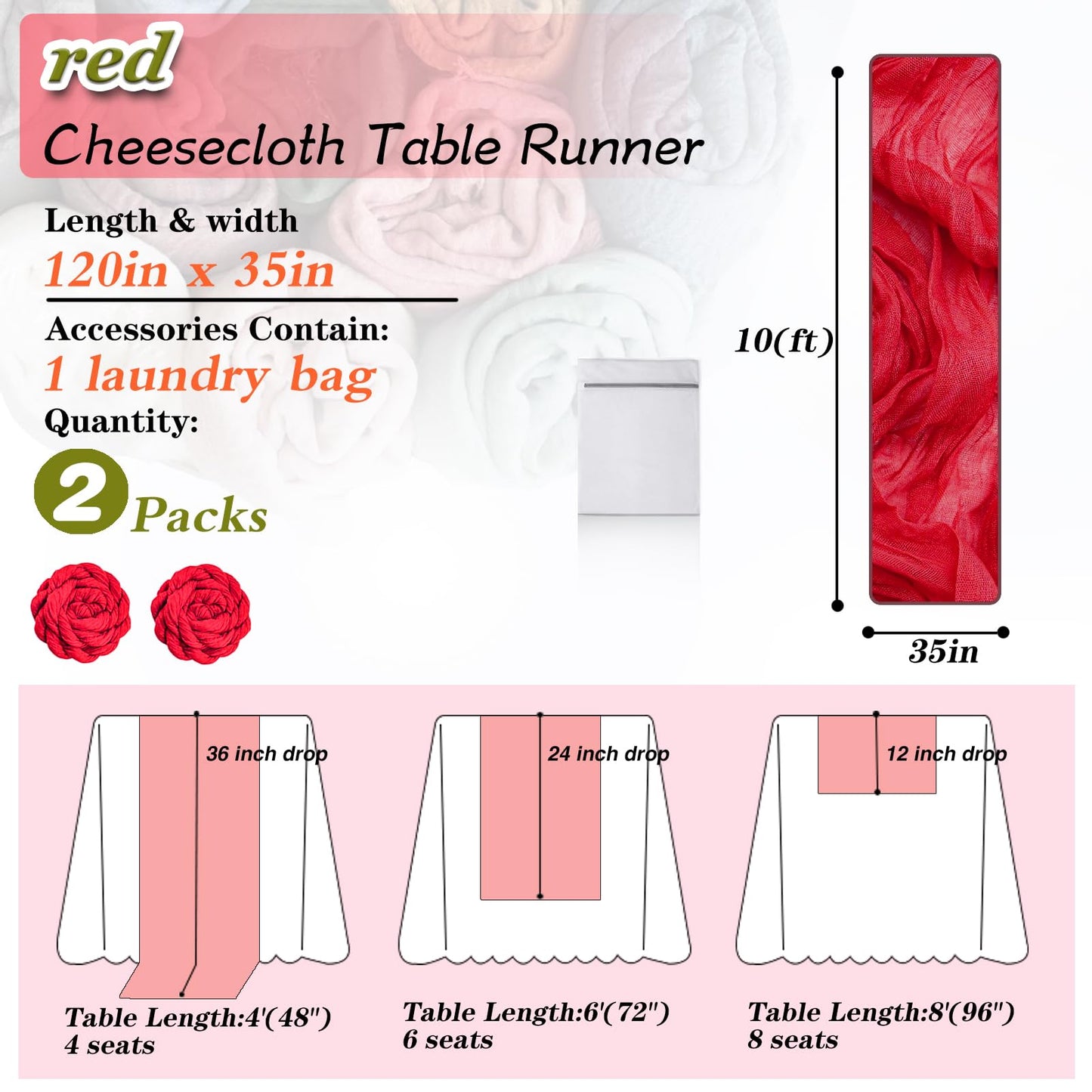 Waligoy Red Cheesecloth Table Runner 2 Pack 35" Boho Gauze Table Runner 120 inches Long Runner Rustic Sheer Fabric Bulk for Baby Shower Wedding Bridal Birthday Party Table Decorations