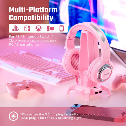 UNIOJO Pink Gaming Headset Noise-Canceling Mic, Wired Over-Cat Ear Headphones, Surround Sound, LED Breathing Light, Memory Foam Ear Pads, for Xbox Series, PS5, PS4, Switch, PC, Mobile