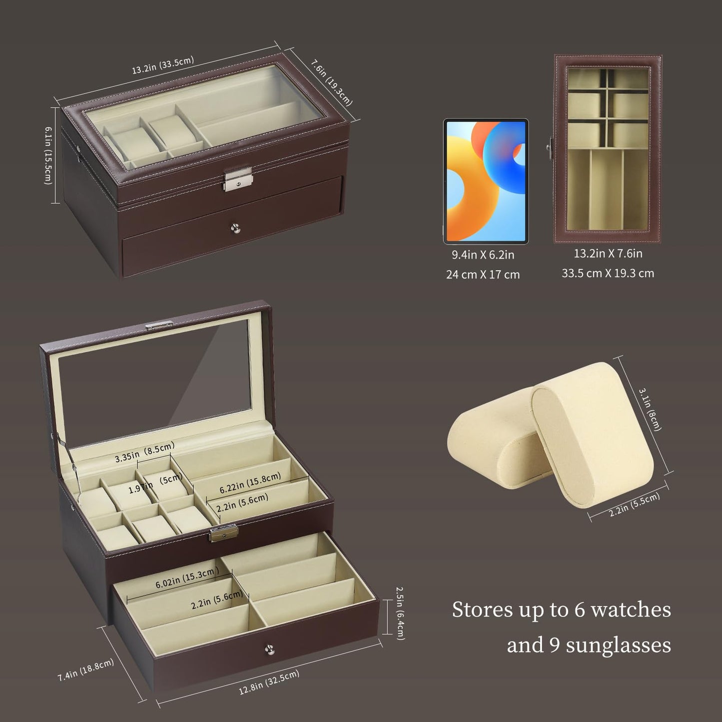 AUTOARK Leather 6 Watch Box Jewelry Case and 9 Piece Eyeglasses Storage and Sunglass Glasses Display Drawer Lockable Case Organizer,Brown,AW-130