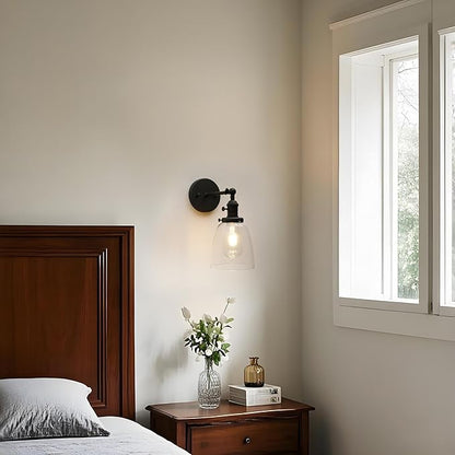 Pathson Vintage Hardwired Wall Sconce with On Off Switch, Clear Glass Black Vanity Light, Indoor Wall Lighting Fixtures for Bathroom Bedside Garage Porch Cafe Club