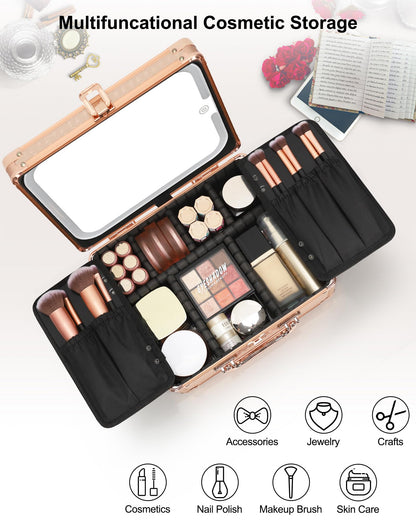 Relavel Makeup Bag with LED Mirror, Makeup Box Travel Train Case with Rechargeable Lighted Mirror, Cosmetic Brush Organizer Storage for Makeup Artists Gifts for Women and Girls, Rose Gold
